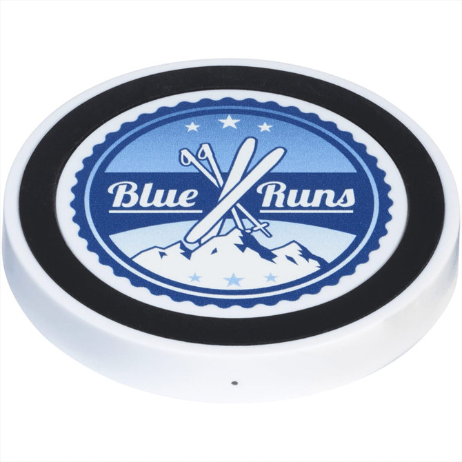 A wireless charging pad featuring a blue and white design with crossed skis and a mountain graphic, in white and solid black.