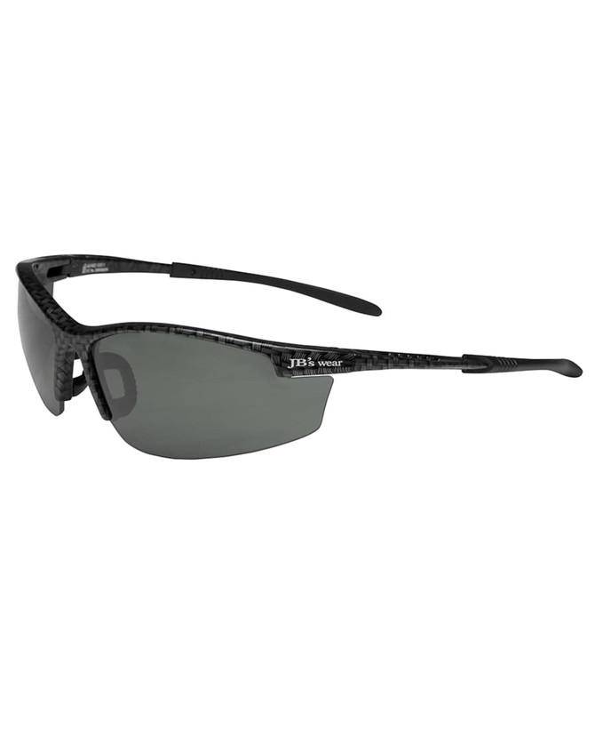 A pair of black sunglasses with polarised lenses and a textured frame, featuring a logo on the side.