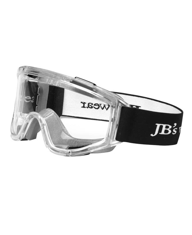 A clear antifog goggle with a black adjustable strap, featuring a logo on the band.