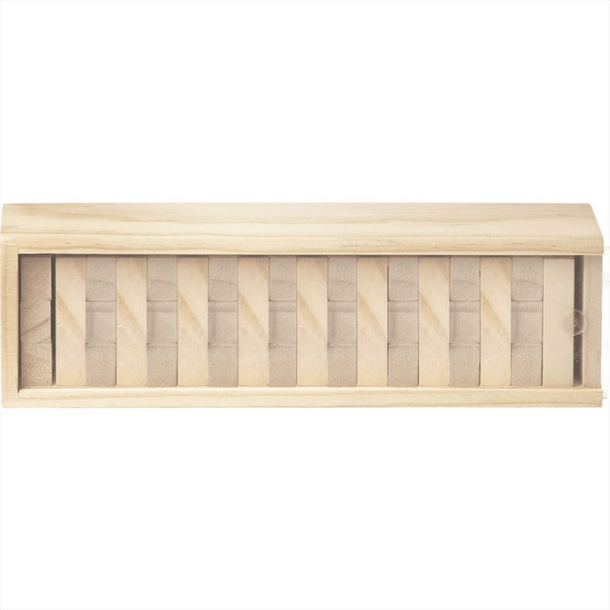A wooden block stacking game in a rectangular box, featuring tan-coloured blocks arranged neatly inside.