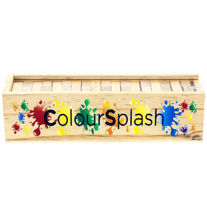 A wooden game box with colourful splash graphics, containing block pieces for stacking.