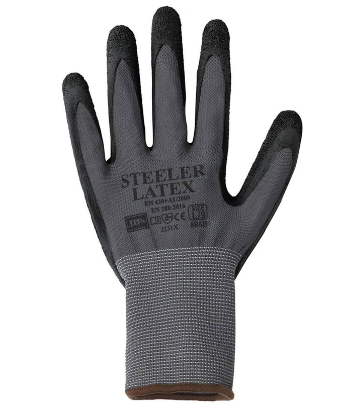 A grey and black latex glove with textured grips and a knitted wrist. Features a logo on the surface.