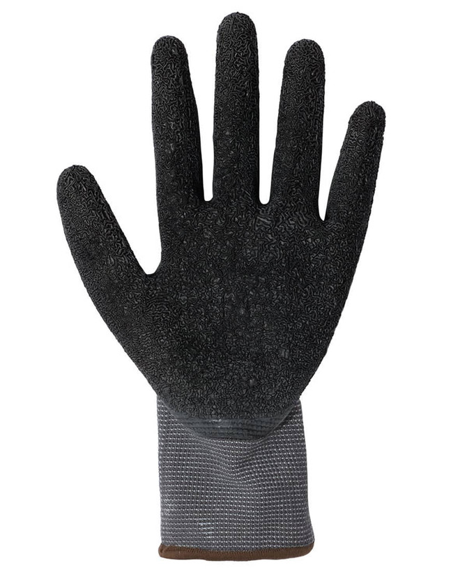 A pair of grey and black latex gloves with a textured surface, featuring a wrist cuff.
