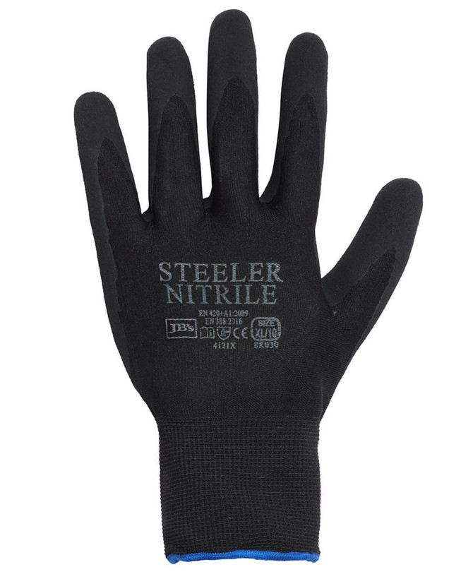 A black nitrile glove featuring a textured grip and a fitted wrist design, with branding on the palm.