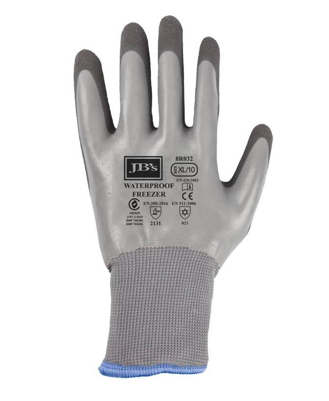 A grey and charcoal glove with a textured surface and a knitted wrist, featuring a logo.