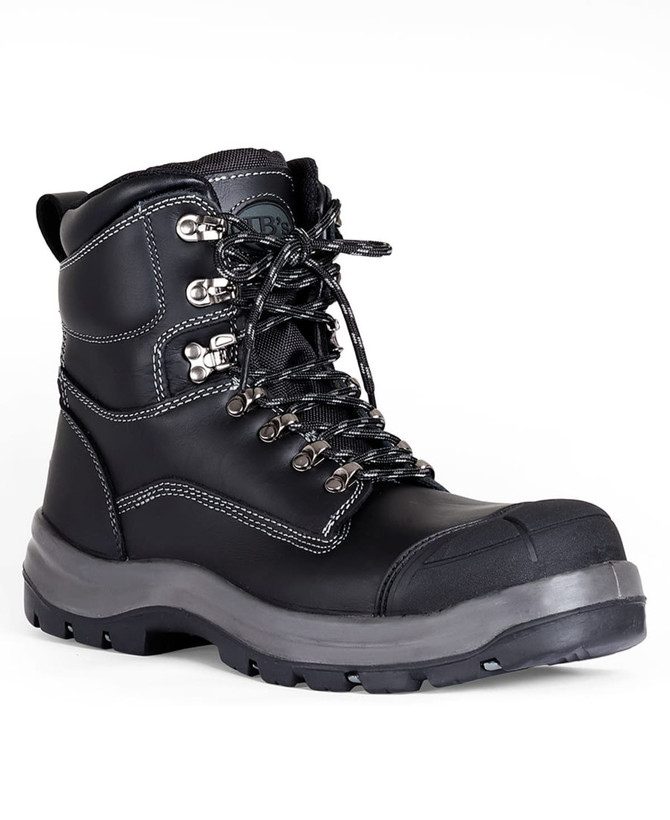 A black safety boot with a lace-up design, featuring a padded collar and a protective toe cap. It has a logo.