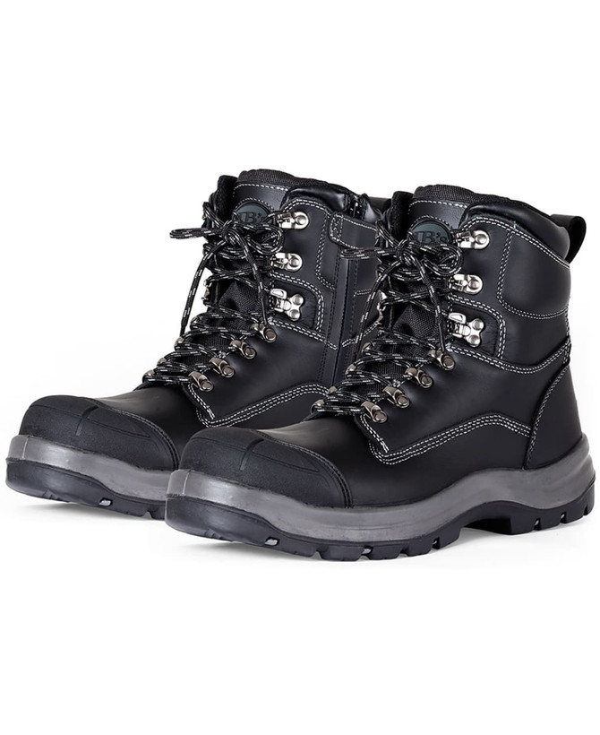A pair of black work boots with protective toe caps and lace-up design. Features a logo on one boot.