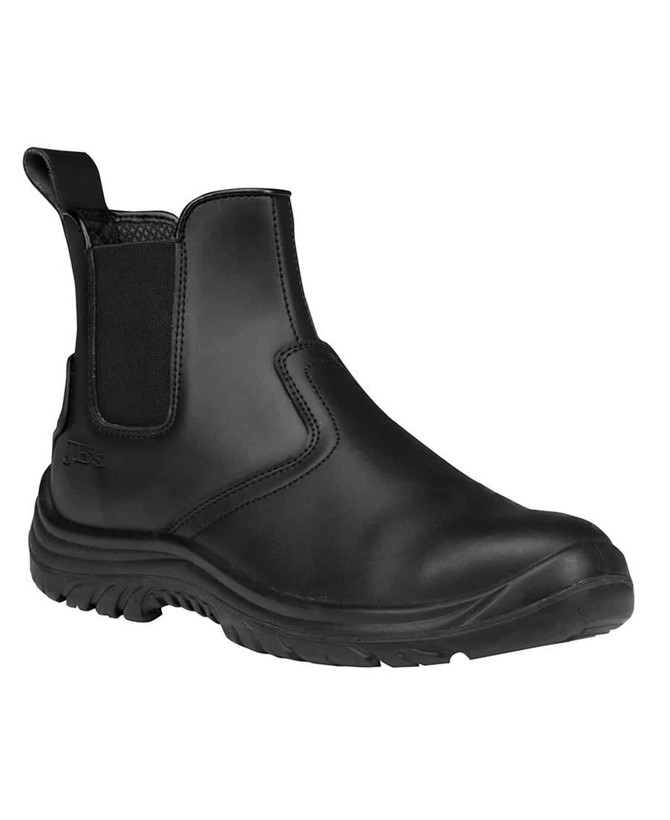 A black elastic-sided safety boot with a rubber sole, featuring a logo on the side and textured panels.