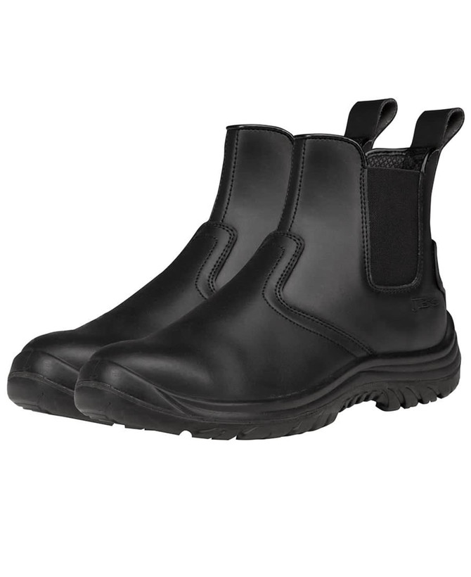 A pair of black elastic-sided safety boots with a textured sole and dual pull tabs for easy wear.