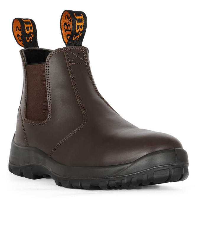 A brown soft toe boot with elastic sides and a logoed pull tab, featuring a sturdy sole for traction.