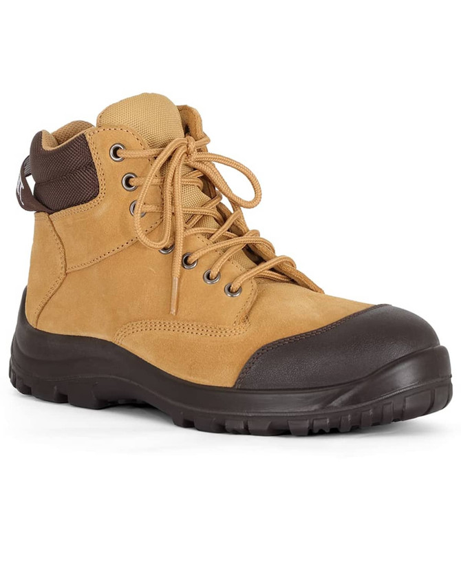 A pair of tan safety boots with black rubber soles and lace-up design. Features a logo on the side.