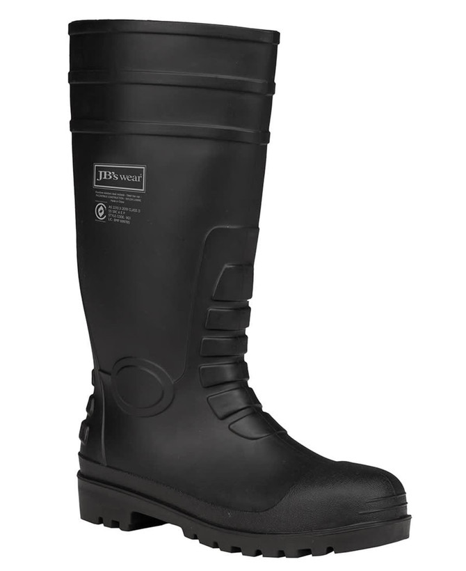 A black rubber boot featuring a textured design and reinforced toe, with a logo on the side.