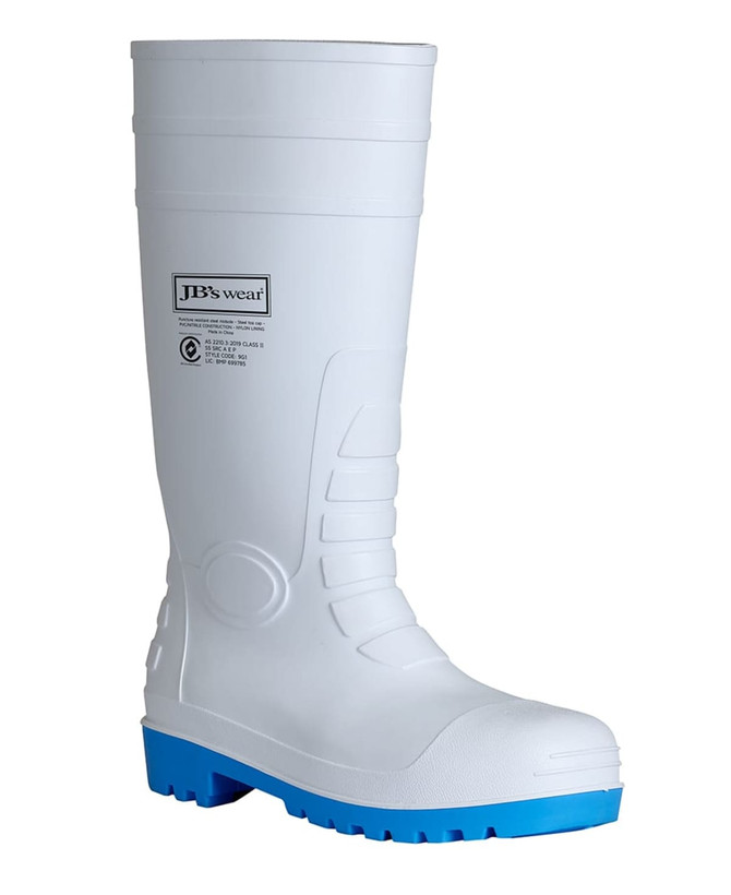 A white rubber boot with a blue sole, featuring a branded logo.
