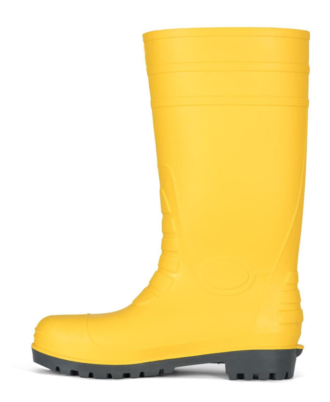 A yellow rubber boot with a black sole and textured detailing along the side. It features a logo on the exterior.