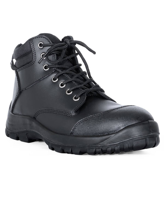 A black lace-up safety boot with a robust design and sturdy sole, featuring metal eyelets and a padded collar.