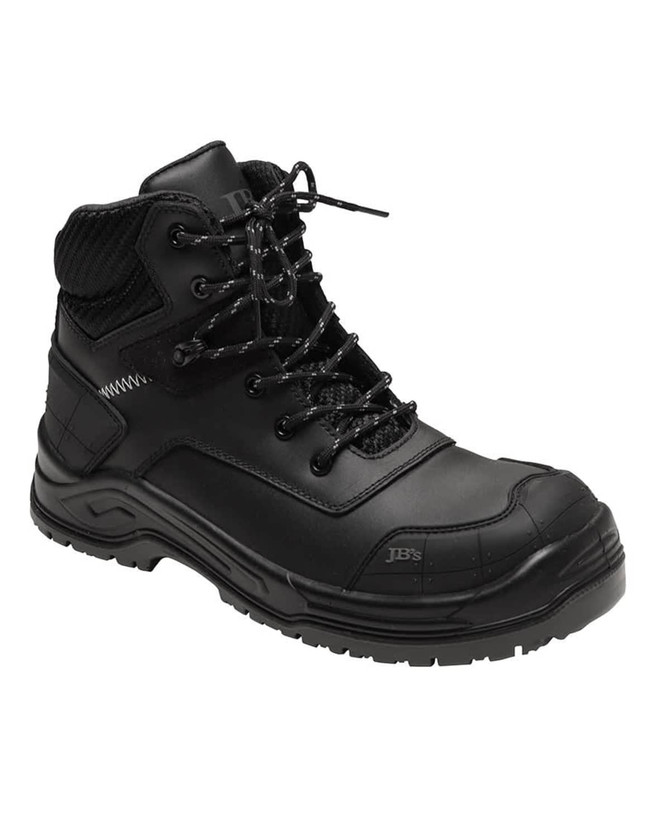A black safety boot featuring a high-top design, laces, and a logo. Suitable for protective footwear use.