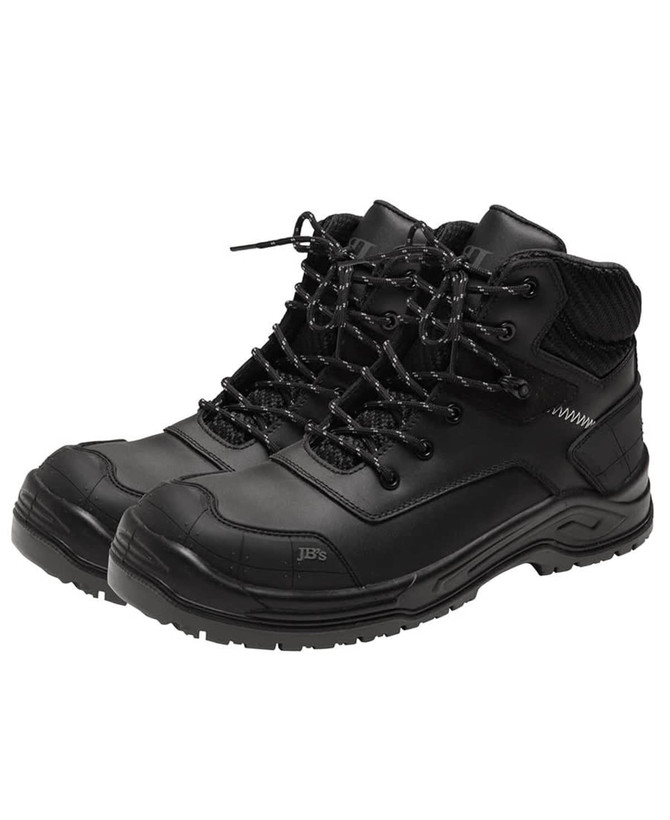 A pair of black safety boots featuring a high-top design, rounded toe, and robust laces.