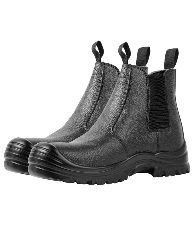 A pair of black elastic-sided boots featuring a textured finish and pull tabs for easy wear.