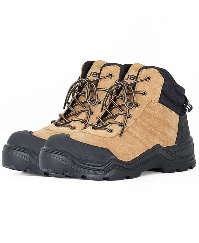 A pair of tan and black safety boots featuring a rugged design and a branding logo.