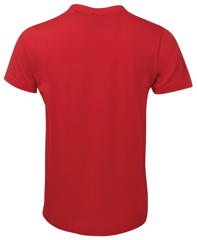 A fitted red T-shirt with short sleeves, featuring a logo on the back.