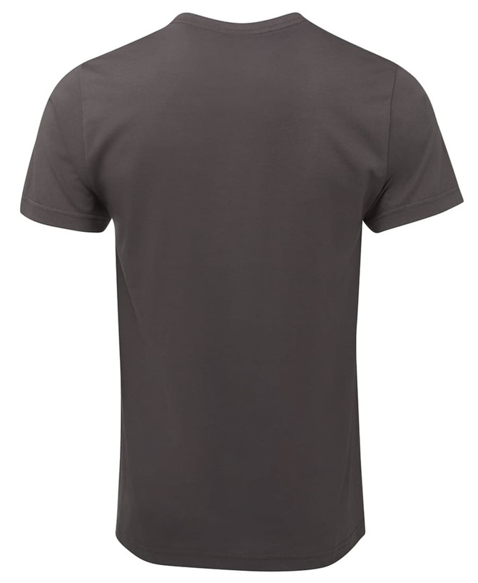A grey fitted T-shirt with a classic crew neckline and short sleeves, featuring a logo on the back.
