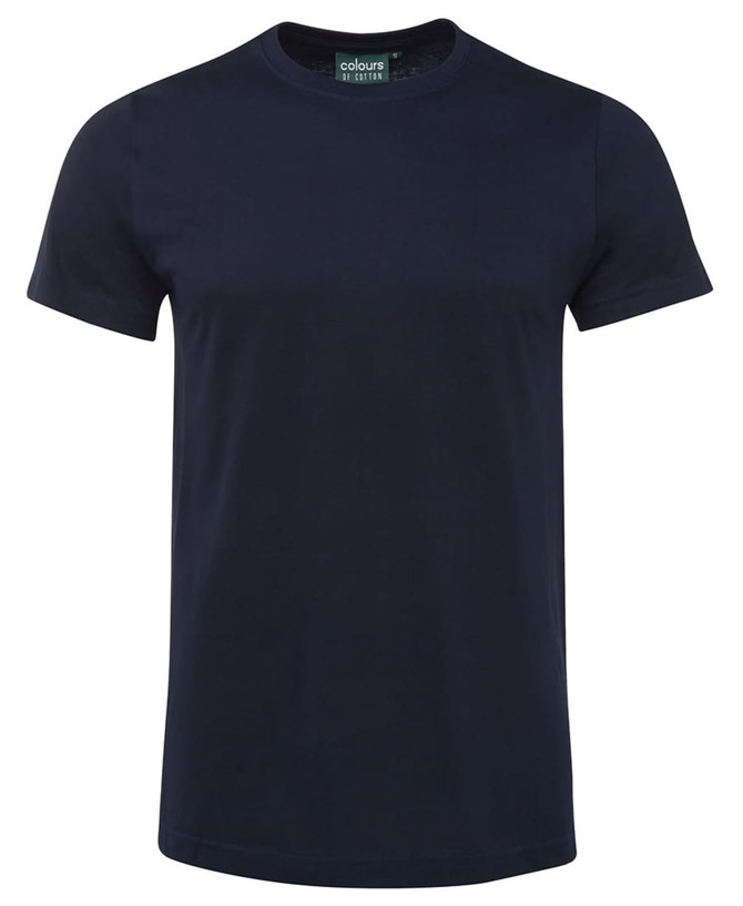 A navy fitted t-shirt with a round neck and short sleeves, featuring a logo on the label.