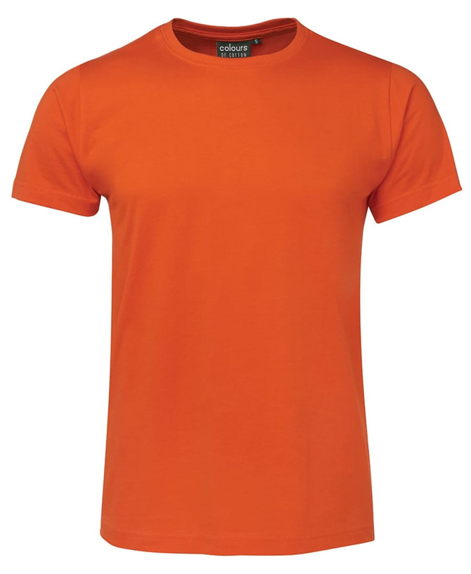An orange fitted t-shirt with a crew neck and short sleeves. It features a logo on the label.