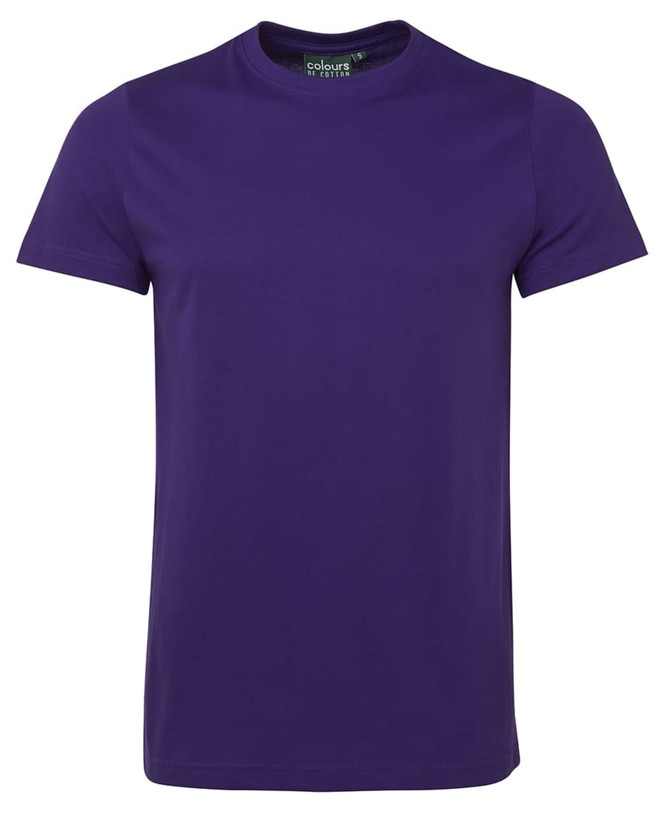 A purple fitted tee with a classic round neckline and short sleeves. It features a branding label inside the collar.