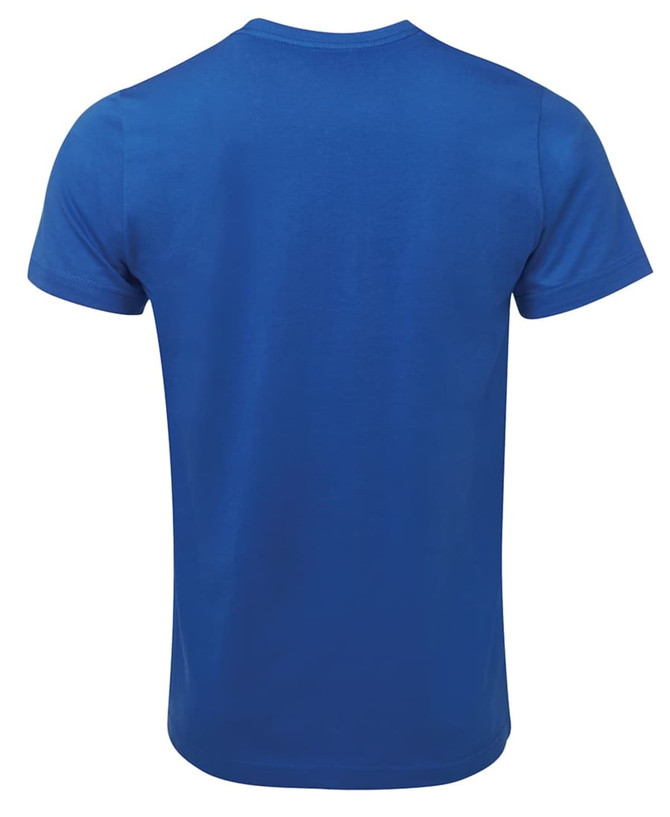 A fitted T-shirt in a bright blue colour, featuring a smooth back design and short sleeves.