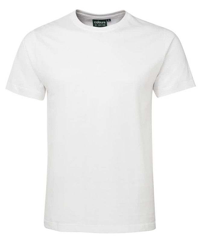 A plain white fitted t-shirt with a round neck and short sleeves, featuring a logo on the label.