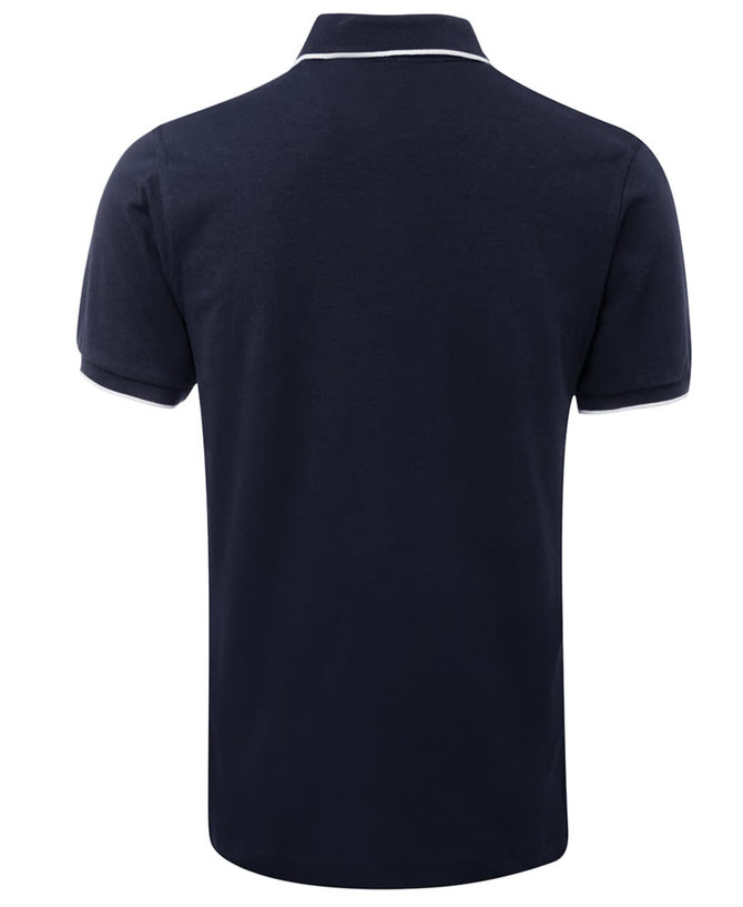 A navy polo shirt with white trim, featuring a collar and short sleeves. Includes a logo on the garment.