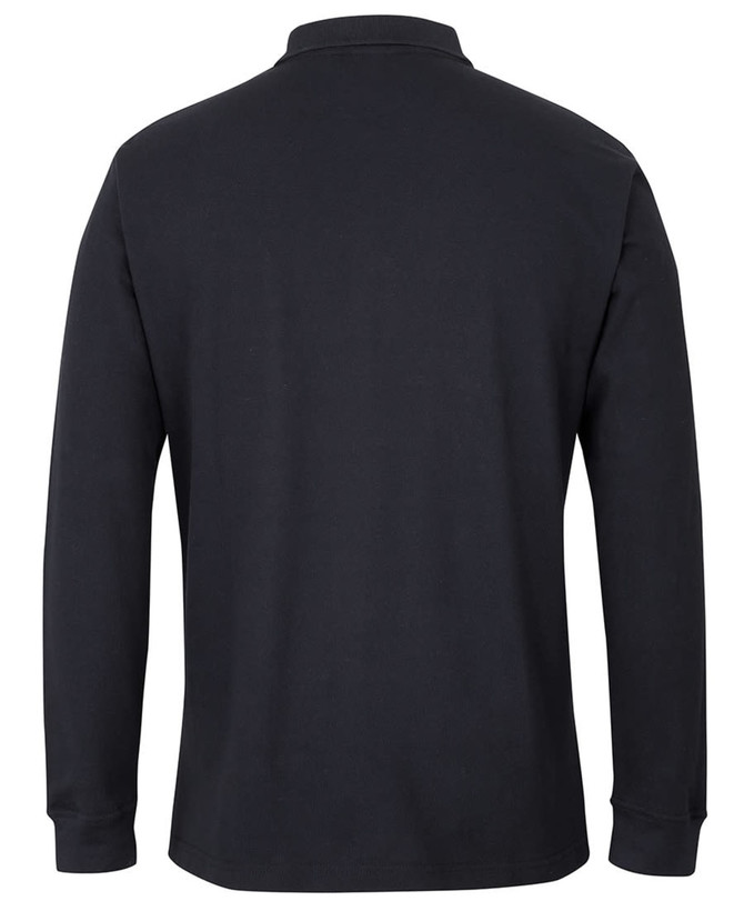 A black long-sleeve polo shirt featuring a collar and a branding logo. The back view is displayed.