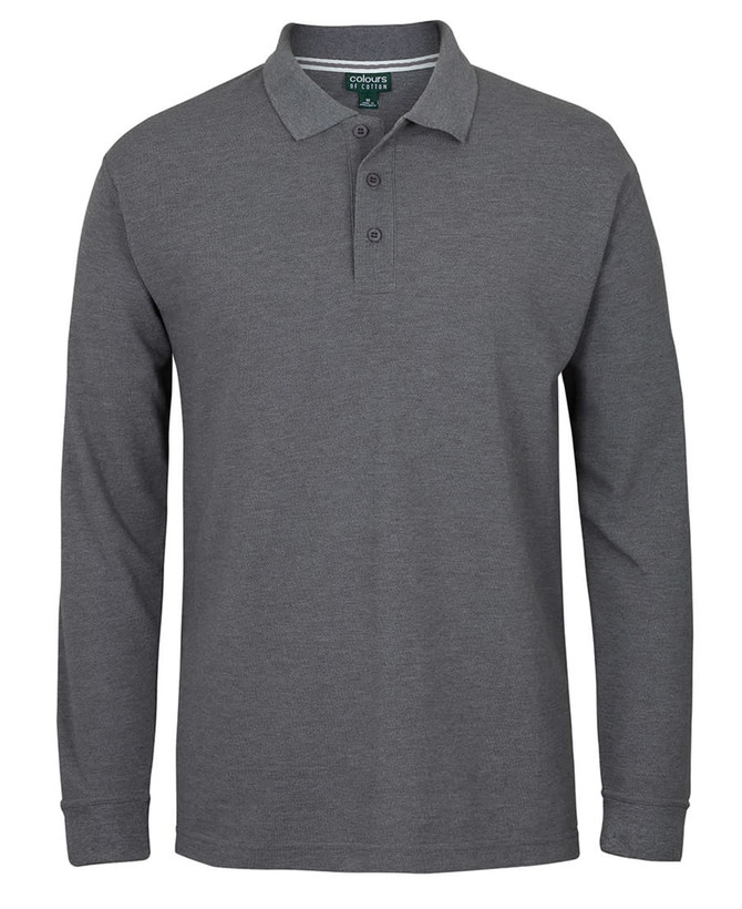 A long-sleeve polo shirt in grey with a collar and three buttons, featuring a logo on the chest.