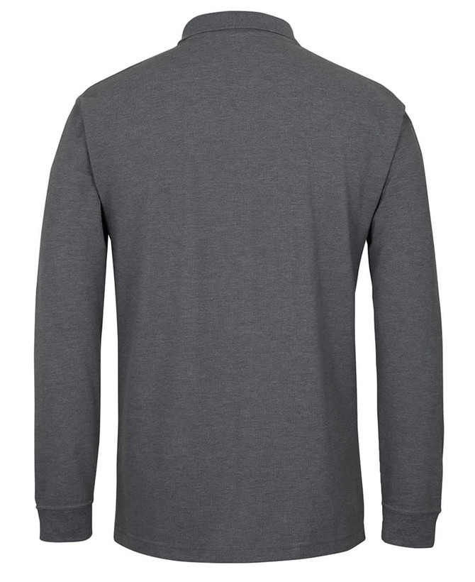 A long-sleeve polo shirt in a dark grey colour, featuring a collar and a logo on the back.