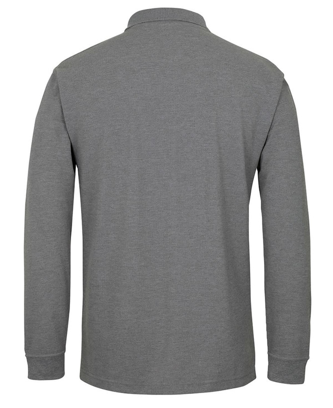 A long-sleeve polo shirt in grey, featuring a collar and a branded logo on the back.