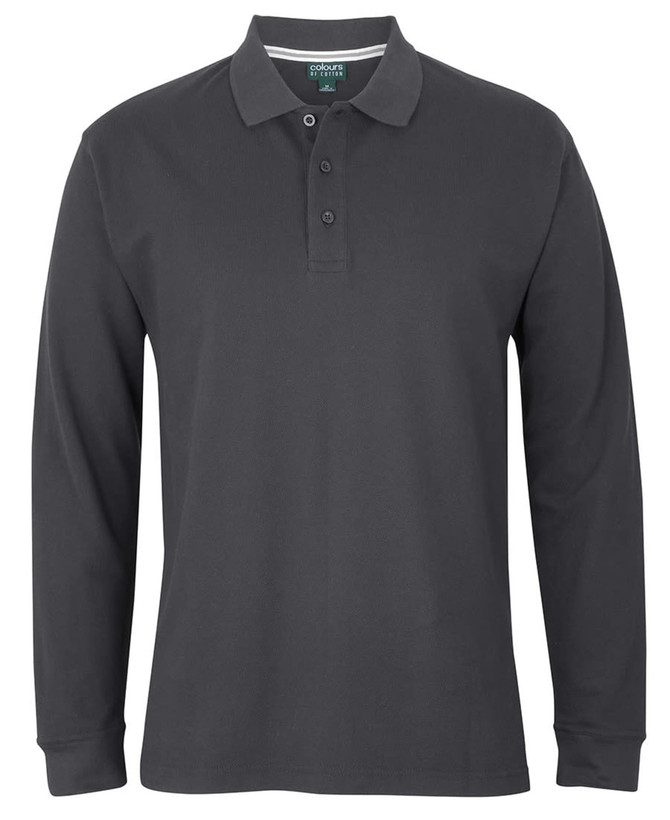 A long-sleeve black polo shirt with a collar and three buttons, featuring a logo on the chest.