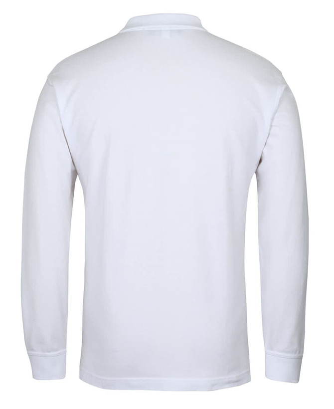 A white long-sleeved polo shirt with a collar, featuring a branding logo.