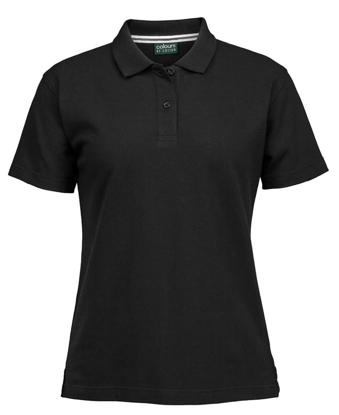 A black ladies' pique polo shirt featuring a collar and button placket, with branding on the label.