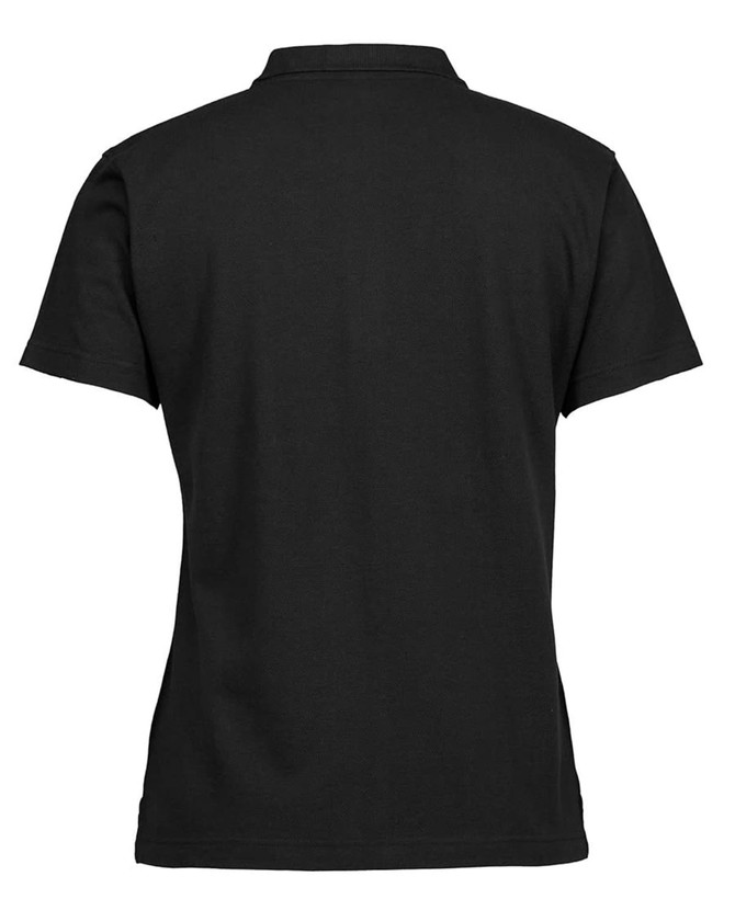 A black ladies pique polo shirt featuring a collar and short sleeves, with a logo on the side.