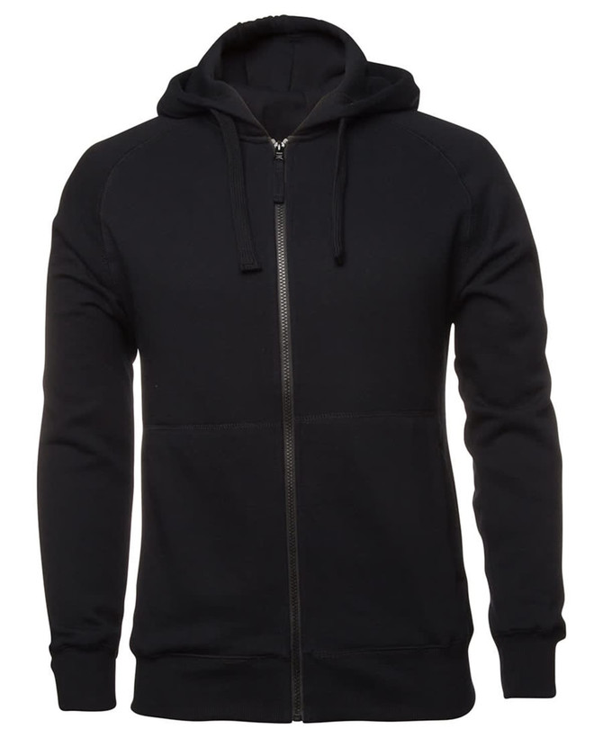 A black zip-up hoodie featuring a hood, long sleeves, and a fitted design. The garment has a logo.