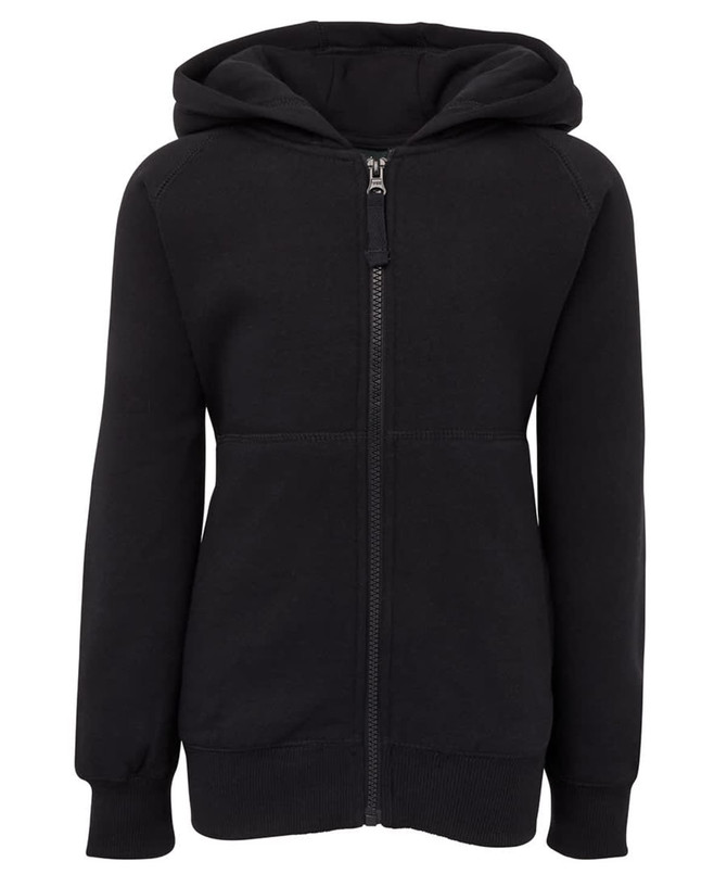 A black hoodie featuring a zip-up front, long sleeves, and a hood. The garment has a logo.