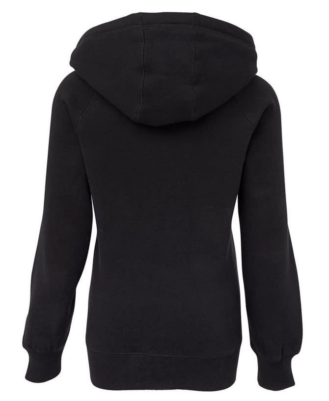 A black hoodie featuring a drawstring hood and long sleeves, with a simple design and a logo on the back.