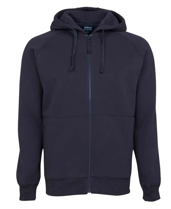 A navy blue zip-up hoodie featuring a front pocket and drawstring hood, with a subtle logo on the label.
