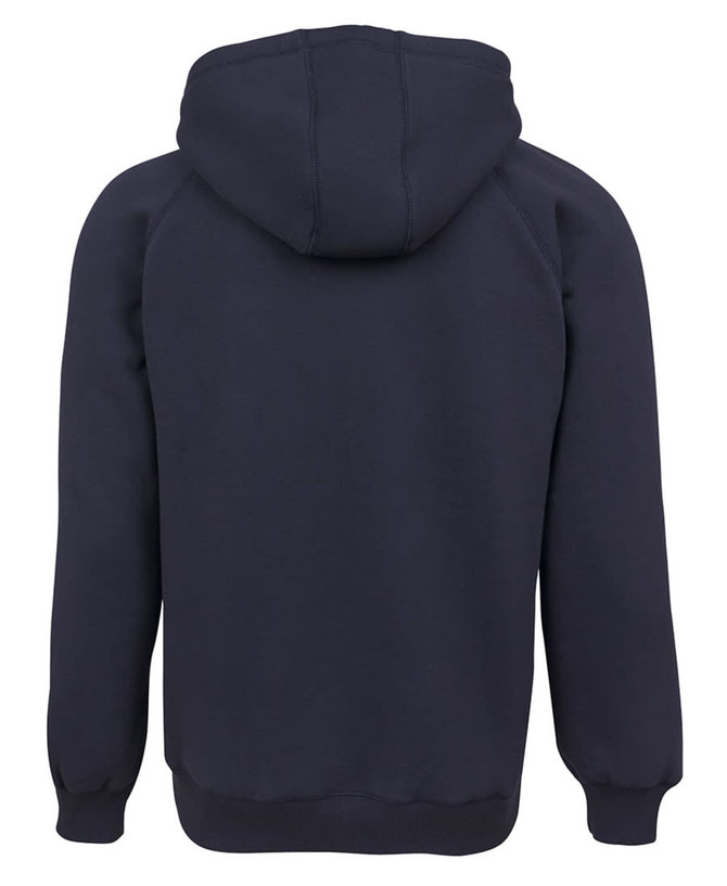 A navy hoodie featuring a central hood and ribbed cuffs, with a logo on the back.