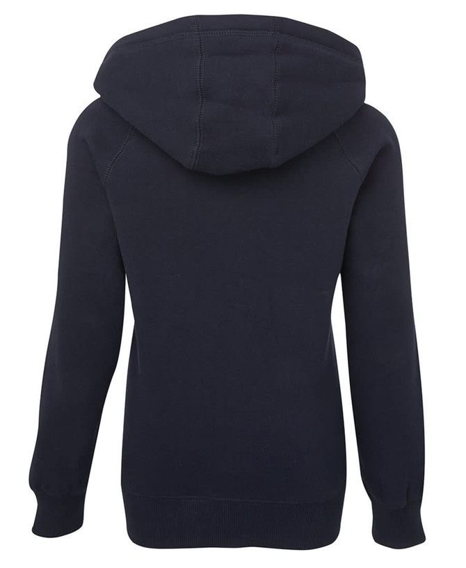 A navy blue hoodie featuring a hood and long sleeves, with a simple design and a branding logo.