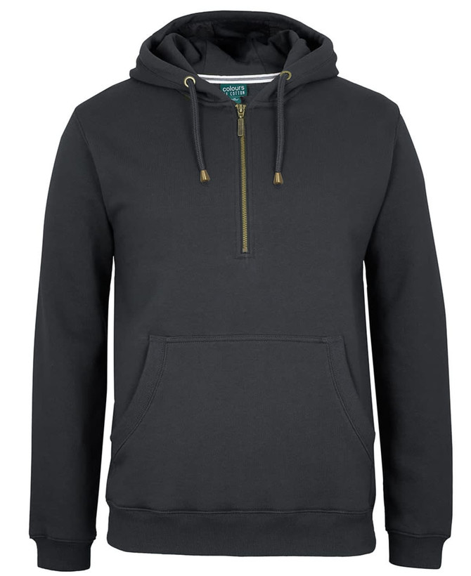 A dark grey 1/2 zip hoodie featuring a front pocket and a branded hood.