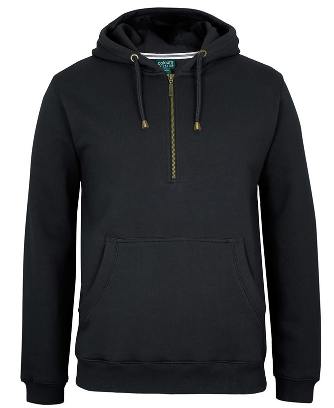 A black 1/2 zip hoodie featuring a front pocket and drawstring hood, with a logo on the label.