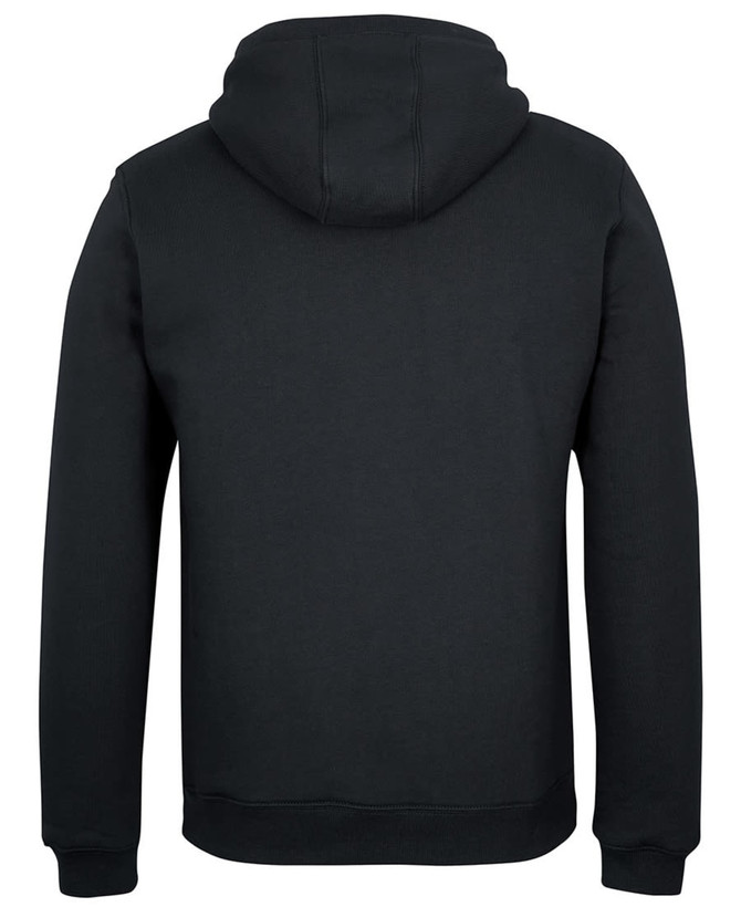 A black 1/2 zip hoodie featuring a hood and a plain back design. It includes a branding logo.