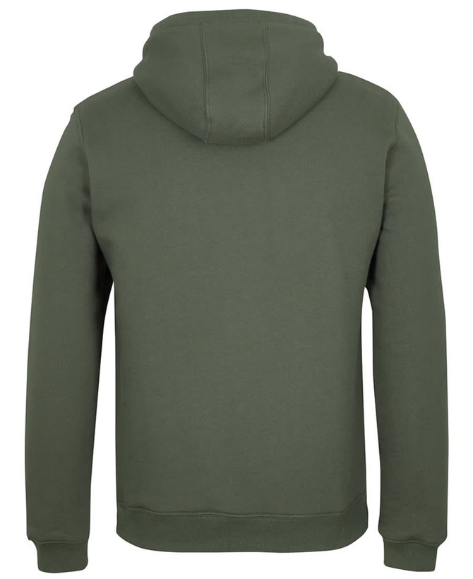 A green 1/2 zip hoodie with a hood, featuring a simple design and a logo on the back.