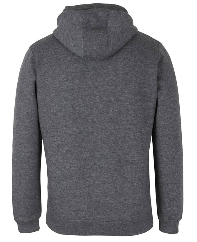 A grey hoodie featuring a half zip design and a hood, with a logo on it.